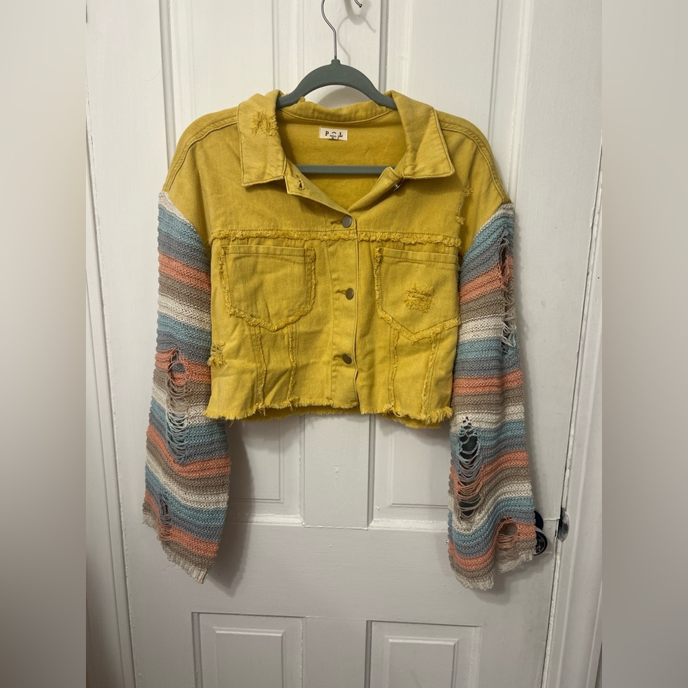 POL Crochet Knit Sleeve Cropped Yellow Denim Jacket